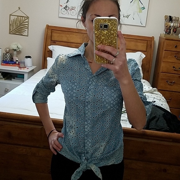 Chambray tie front long sleeve eyelet Button down shirt - Picture 2 of 4